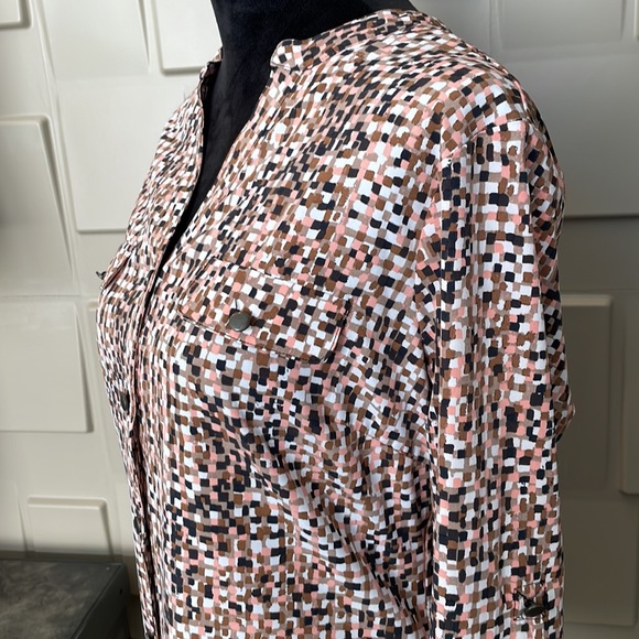 Laura Scott blouse top shirt peach white brown black long sleeve Size Small - Picture 7 of 8